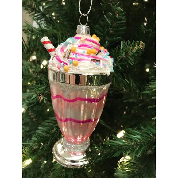 Milkshake Ornament Christmas Glass Sprinkles Food Ice Cream Pink Glittering - Picture 3 of 3